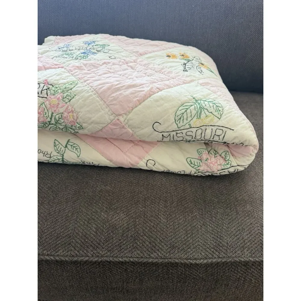 Vintage 48 US State Flower Quilt Embroidered Pink Checkered Handmade